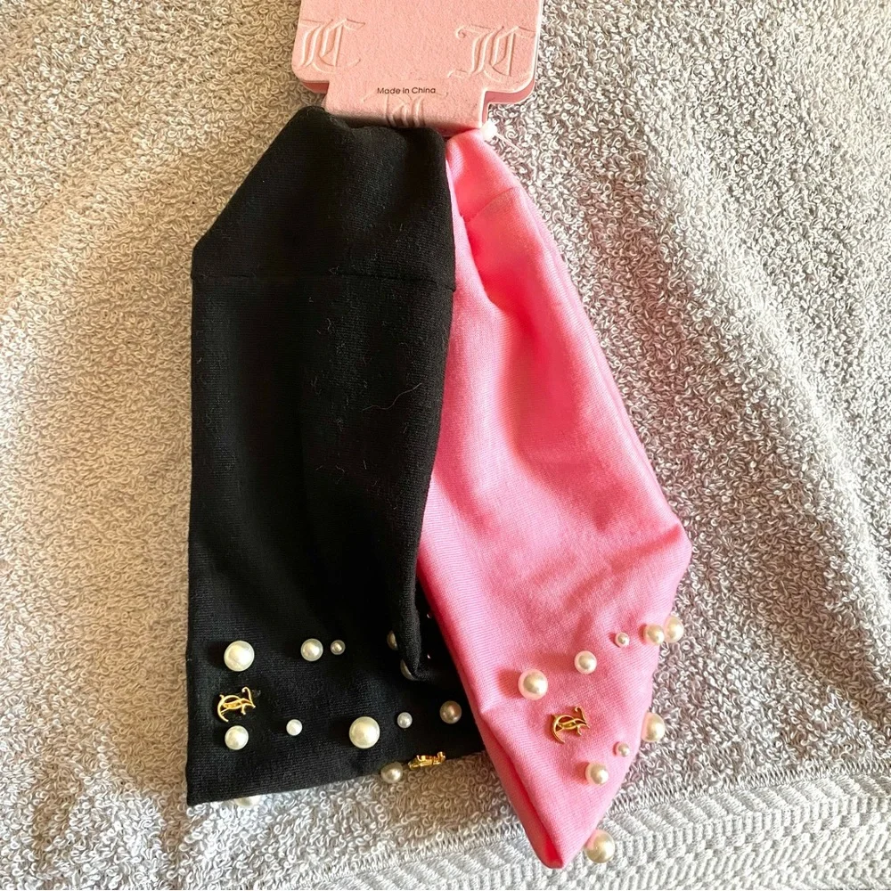Juicy Couture Pearl Gold JC Logo Charms Headbands - Black and Pink 2pc set NWT